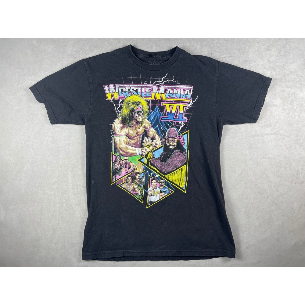 WWE Wrestlemania VI Graphic T-Shirt Mens Small Black Ultimate Warrior Macho Man
